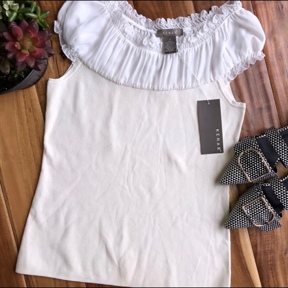 🆕 Kenar Cream and White Veiled Ruched Top - Picture 1 of 3